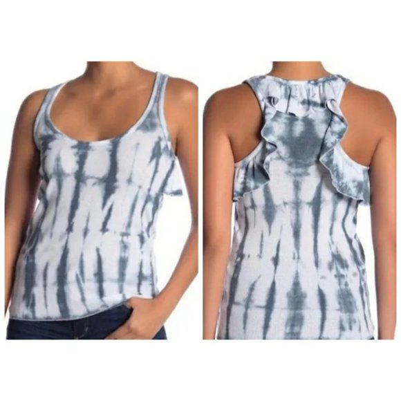 Chaser Tops - CHASER Tie Dye Ruffle Back Ribbed Tank Top Racerback Sz M Revolve Blue Gray NWT